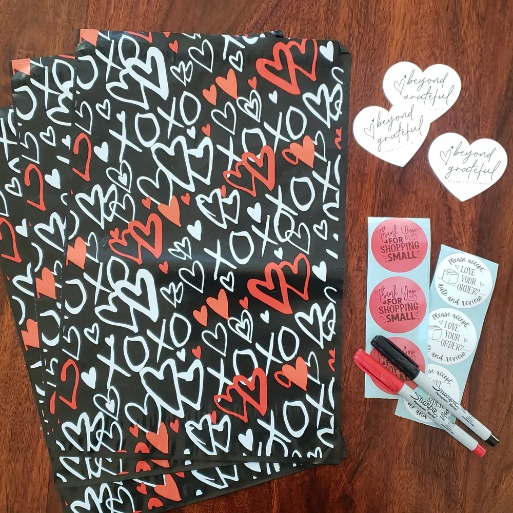 40 Piece Shipping Bundle Polymailers Cards Stickers Red Black Hearts